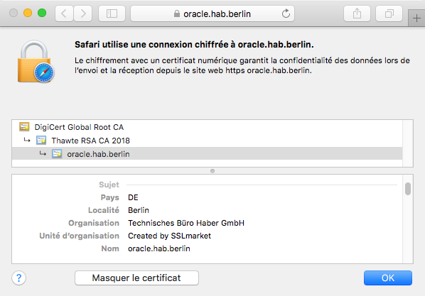 L'affichage du certificat Thawte Wildcard dans le navigateur